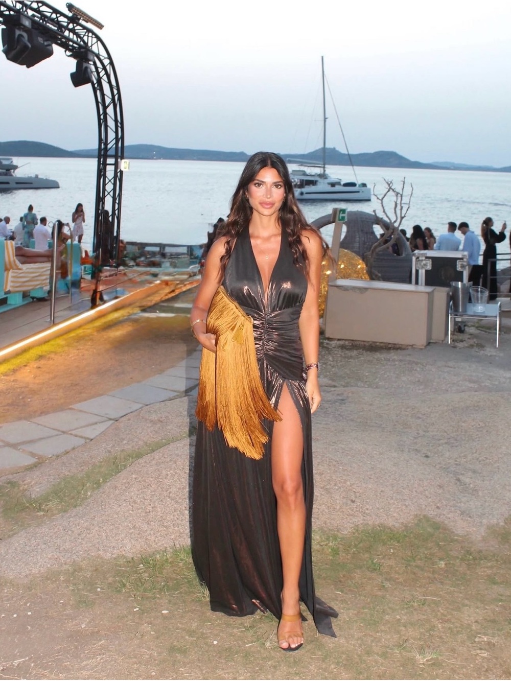 Luxxel Metallic Brown Halter Maxi Dress with High Slit